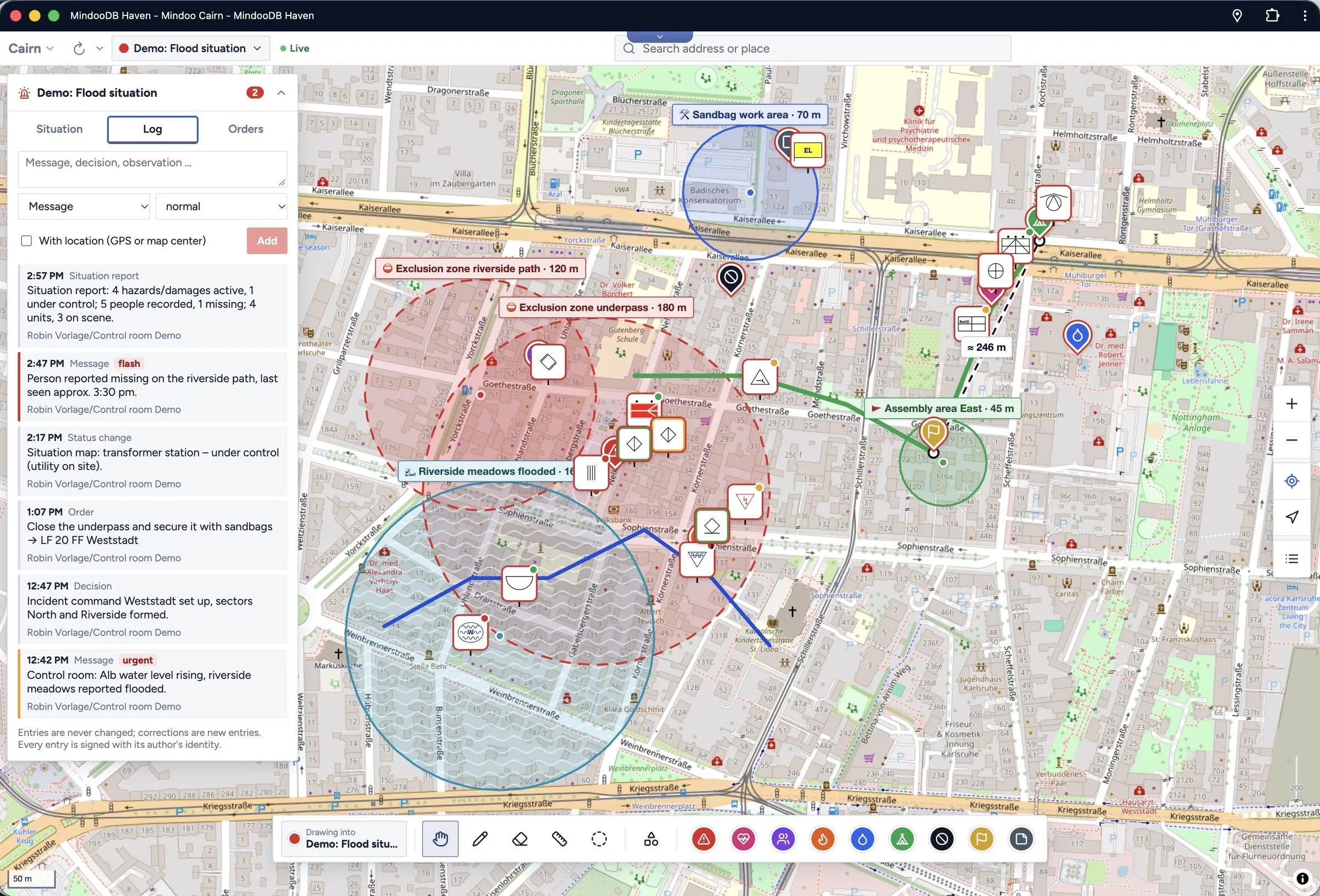 The incident log of a crisis workbook next to the situation map