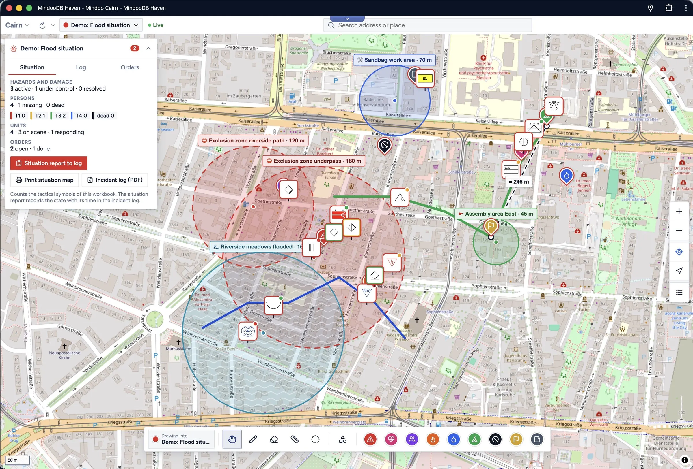 A crisis situation map with exclusion and flood areas, tactical symbols and the situation overview