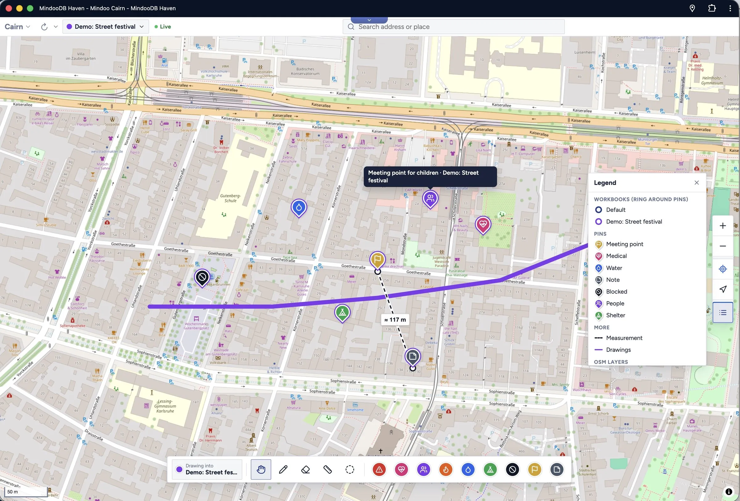Planning a street festival with a route, meeting points and a legend