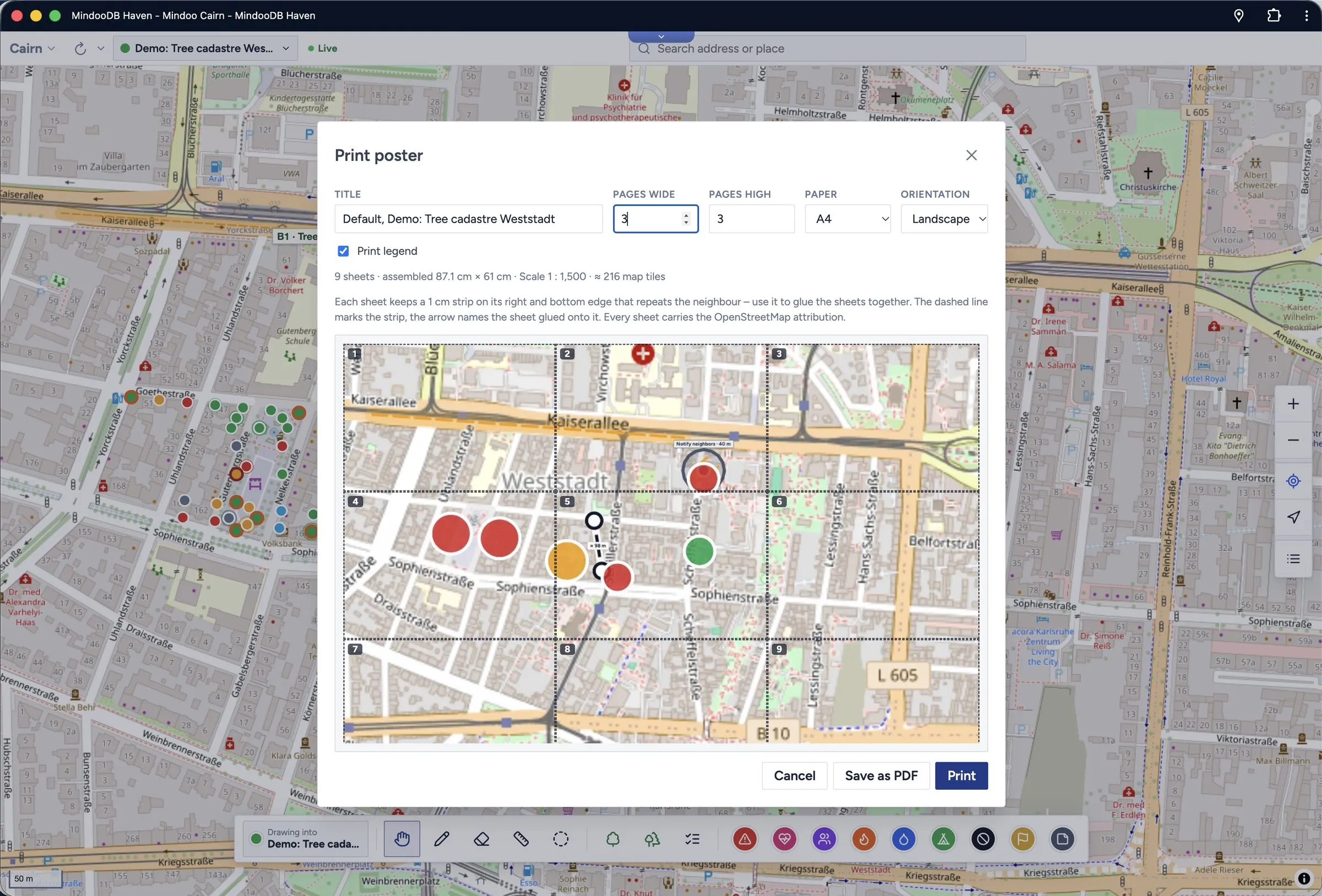 The poster print dialog tiling a section of the map across several sheets